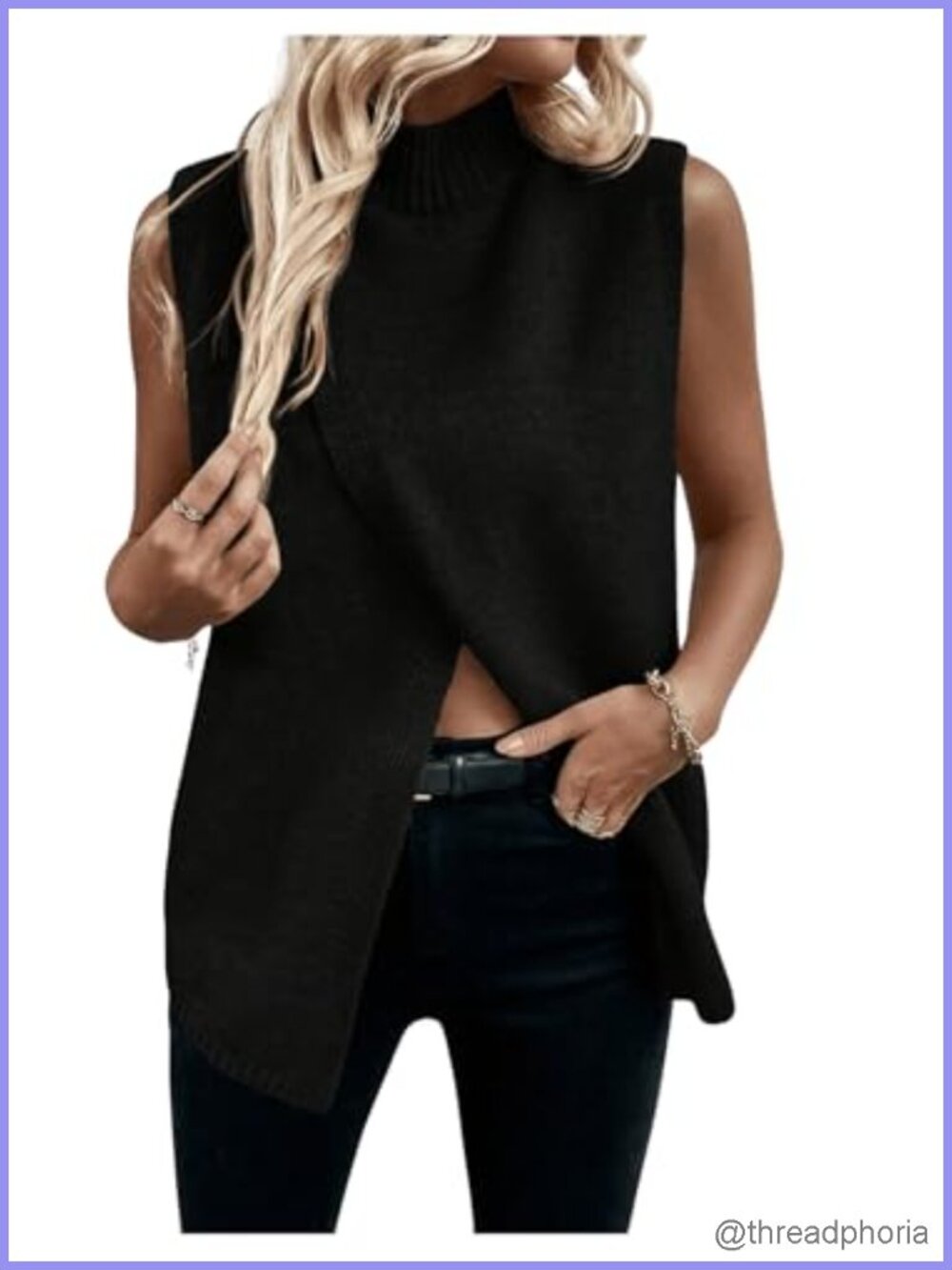Women's Knit Sweater Vest Mock Neck Sleeveless Asymmetrical Hem